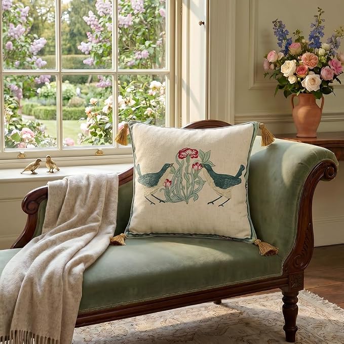patdrea Designer French Vintage Linen Throw Pillow Cover,18"x18"-Cecilia E | Decorative Pillow Case with Zipper,Green Floral Pattern,Cushion Coverfor Couch Living Room Bedroom Sofa