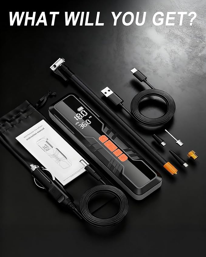 Tire Inflator Portable Air Compressor - 150PSI Cordless Air Pump for Car Tires, Portable Tire Inflator for Car, DC 12V Air Compressor with Pressure Gauge/LED Light for Auto/Bike/Motorcycle/Ball