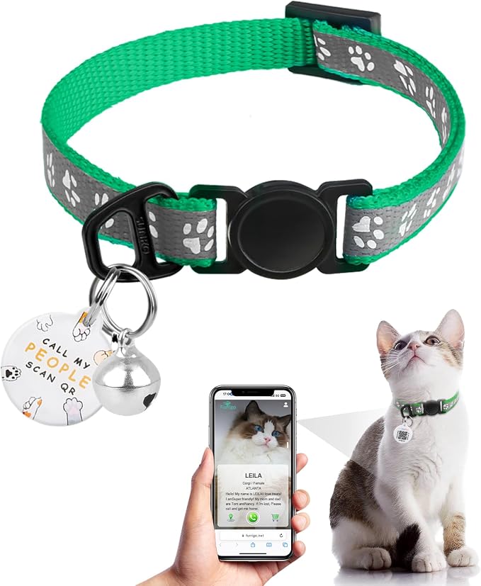 Breakaway Reflective Cat Collar with QR Name Tag & Bell (Grass Green)