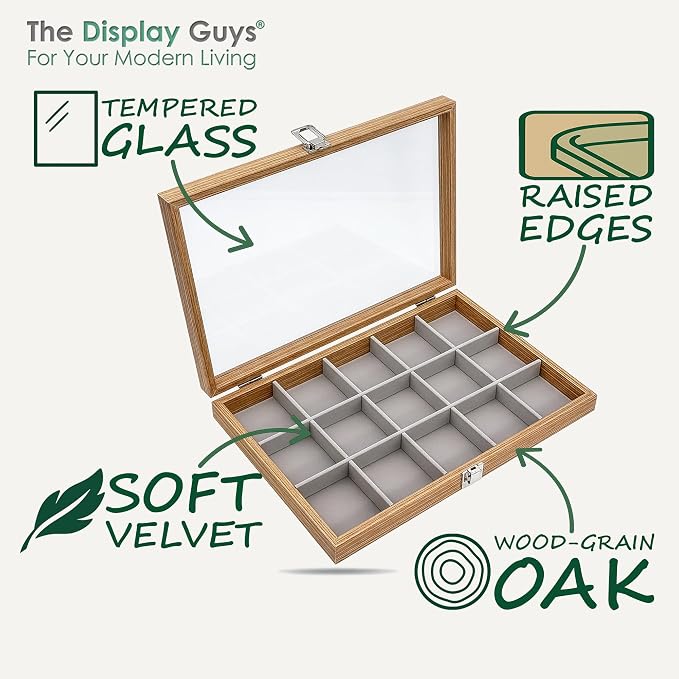 Wooden Travel Jewelry Box w. Tempered Glass Display Lid - Earrings Storage - 15-Compartments Velvet Organizer (Natural Oak) by The Display Guys