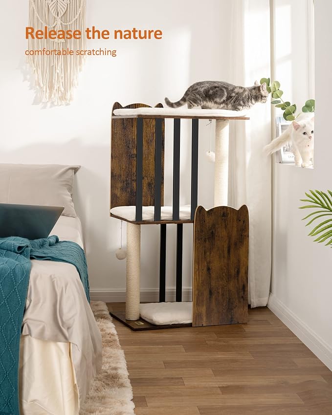 43.8in 3-Tier Modern Cat Tree Tower Condo, Cat Scratch Posts for Indoor Cats, Big Plate, Two 19.7in Full Sisal Scratching Posts, Rustic Brown