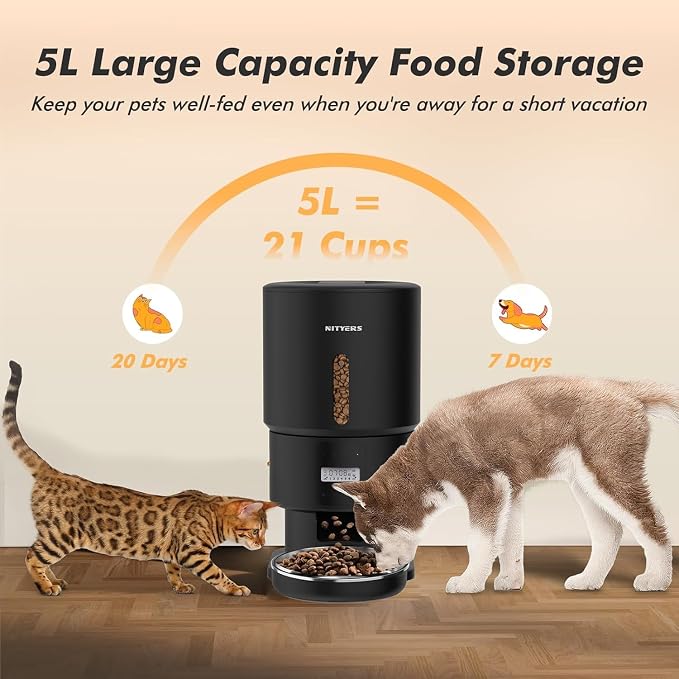 Automatic Cat Feeder - 5L Anti-Clog Cat Food Dispenser Keeps 2-15mm Dry Food Fresh, 10s Voice, 1-6 Meals/Day, Programmable Portions, 180-Day Battery Life, Easy to Clean Auto Pet Feeder for Small Dog