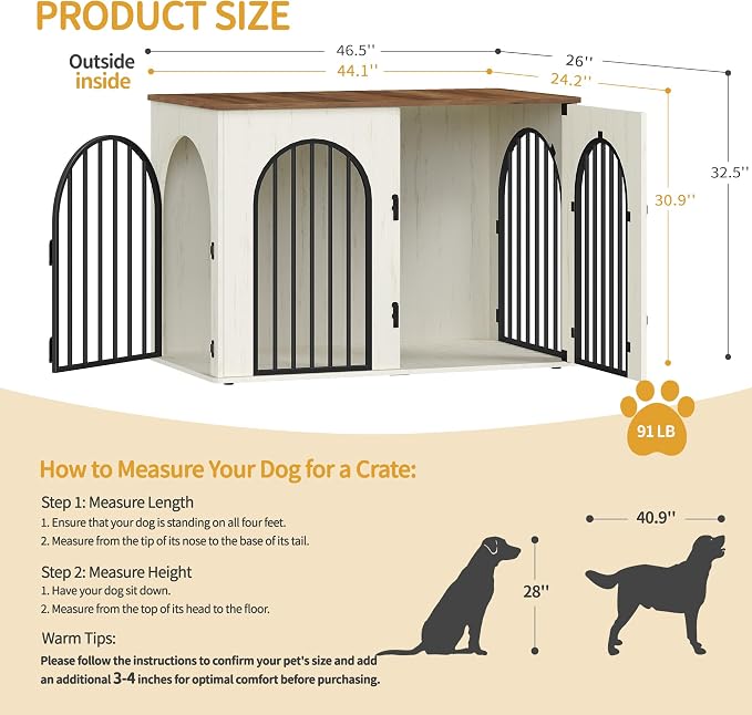 Hzuaneri 46.5'' Dog Crate Furniture,Dog Kennel Indoor for Medium/Large Dogs | Dog Kennel Furniture Wooden Dog Cage Heavy Duty Dog Crate Decorative Pet House End Side Table TV Stand,White Brown DFC93914B