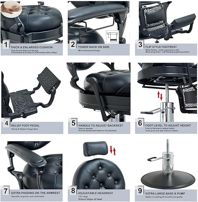 Kaleurrier Hair Salon Chair for Stylist: Professional Height Adjustable Black Barber Chairs for Barbershop for Home - Vintage Heavy Duty 700lbs Hydraulic Recliner