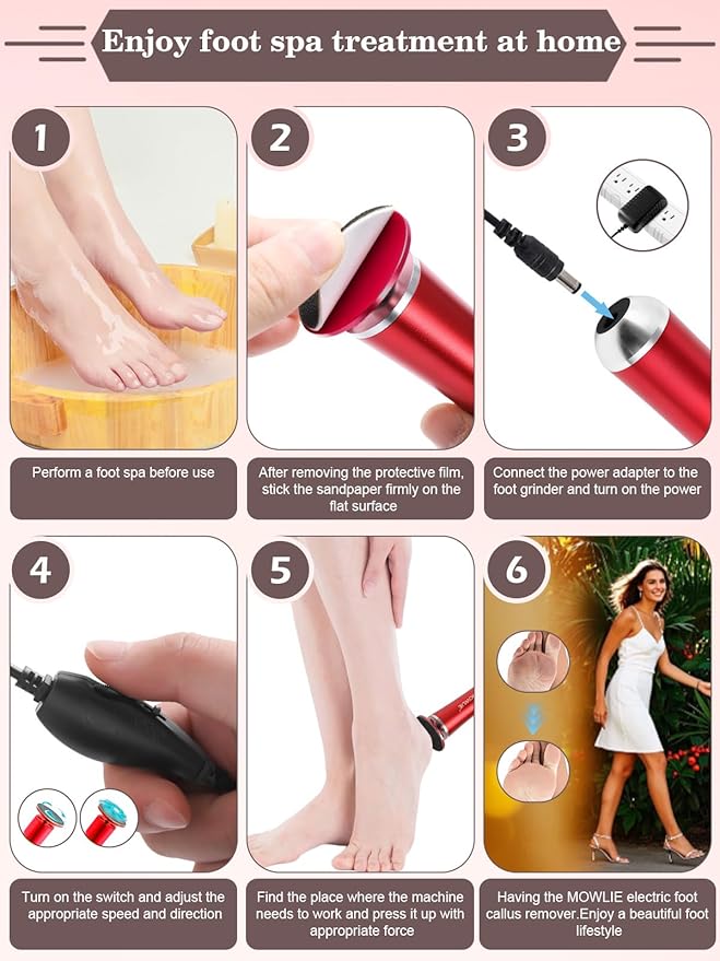 Electric Foot Callus Remover,MOWLIE Electric Foot Care Tools with Speed Controller and 60pcs Replacement Sandpaper Disk for Men Women Dead Dry Crack Skin Calluses(red)