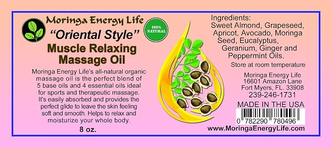 Moringa 'Oriental Style' Muscle Relaxing Massage Oil for Therapy, Date Night, Thai, Swiss, Asian, Sports Therapist for Massaging Sore Muscles, 8 oz Bottle