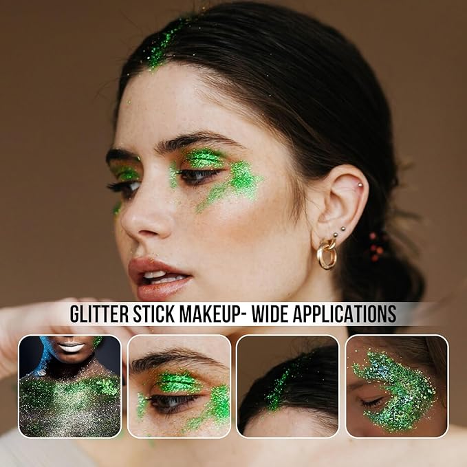 Brzeaf Waterproof Green Body Glitter Stick, Christmas Chunky Glitter for Face/Body/Hair/Eyes/Lip, Singer Concert Music Rave Festival, Glitter Stick Makeup & Face Glitter Gel for Women Men 0.56 OZ