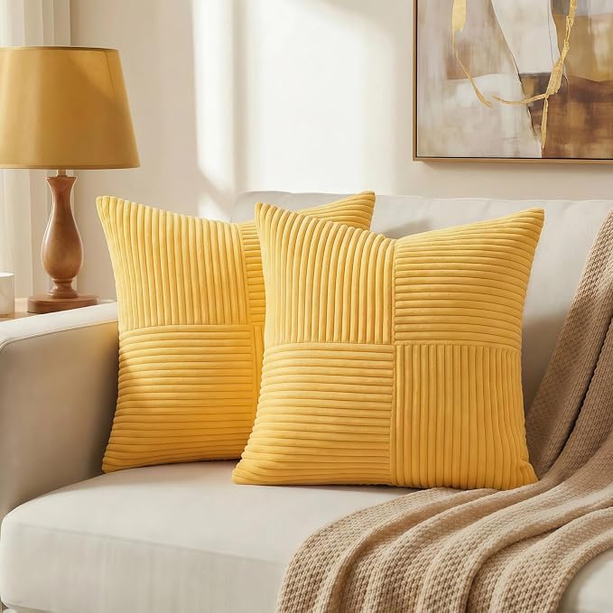 Fancy Homi Yellow Decorative Throw Pillow Covers 20x20 Inch for Living Room Couch Bed Sofa, Rustic Farmhouse Boho Home Decor, Soft Corss Corduroy Patchwork Accent Square Cushion Case 50x50 cm