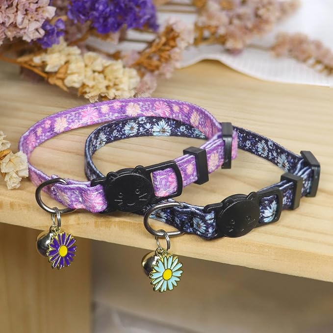 Cat Collar Breakaway, 2 Pack Cotton Kitten Collars with Bells and Removable Charms, Cute Flowers Shaped for Indoor Boy, Girl and Adult Cats, Purple and Blue