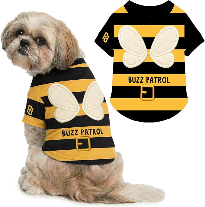 Parisian Pet Dog Buzz Patrol Bee Shirt - Embroidered Pet Vest - 100% Cotton & Polyester Doggy Shirt - Lightweight Pet Clothes - Sleeved Puppy Costume - Funny Shirts for Small Dogs - M