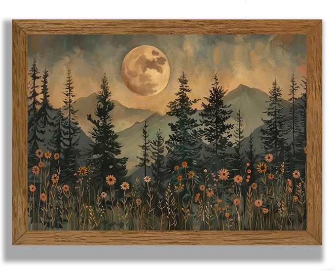 JLTULT Vintage Pine Tree Wall Art, Moonlit Wood-Framed Canvas, 16 x 24 In | Moonlit pine forest with wildflowers, fade-resistant canvas and ready-to-hang frame for bedrooms, living rooms and offices