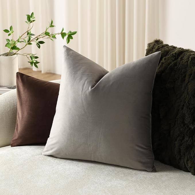 Throw Pillow Covers 20x20 Light-Grey: Pack of 2 Cozy Soft Velvet Square Modern Luxury Decorative Throw Pillow Cases for Sofa Couch Living Room Bed Home Decor