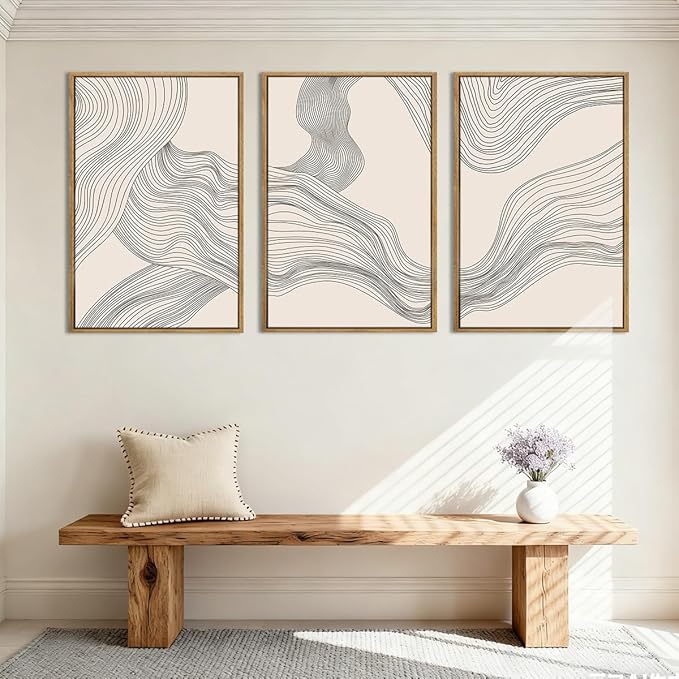 Beige Abstract Wall Art Framed Neutral Modern Canvas Wall Decor Minimalist Line Wave Painting16x24 Inch Pictures Set of 3 for Living Room Bedroom Dining Room