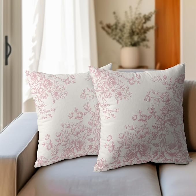 Kawani Chinoiserie Flowers Throw Pillow Covers 22x22, 2Pcs Pastel Pink Chic Floral Cotton Linen Square Pillowcases Couch Sofa Cushion Cover for Home Outdoor Indoor Car Office Decor