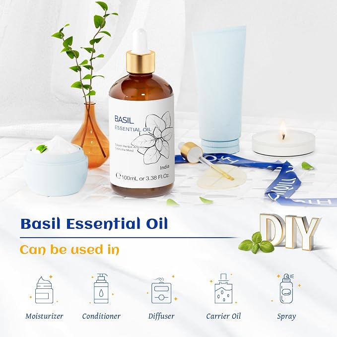 HIQILI Basil Essential Oil for Aromatherapy Diffuser, Hair Care | Perfect for bedroom, yoga, skin care. Promotes calm relaxation, body massage, DIY soap and candle - 100mL / 3.38 fl.oz