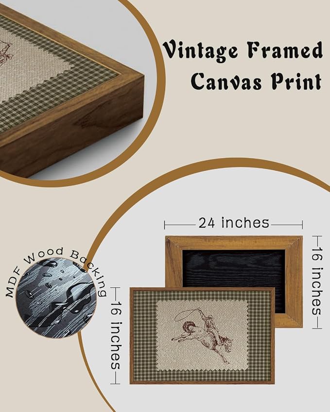 ZZLWBKGL Western Wall Decor Framed Wall Art Vintage Canvas Art 16x24in | Farmhouse Cowboy Artwork West Stamp Picture Mid Century Aesthetic for Living Room Bedroom