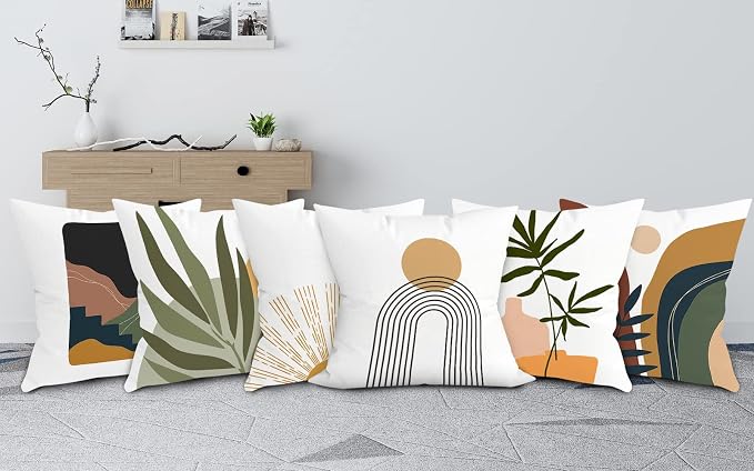 COMMINY Abstract Boho Pillow Covers 18x18 Set of 6,Rustic Sunset Leaves Throw Pillow Cover,Minimalist Modern Pillow Case for Couch Sofa Room Home Decor | Breathable Linen, Botanical Leaf, Sunset Pattern, Standard Pillow Size, Modern Couch Sofa Living R...