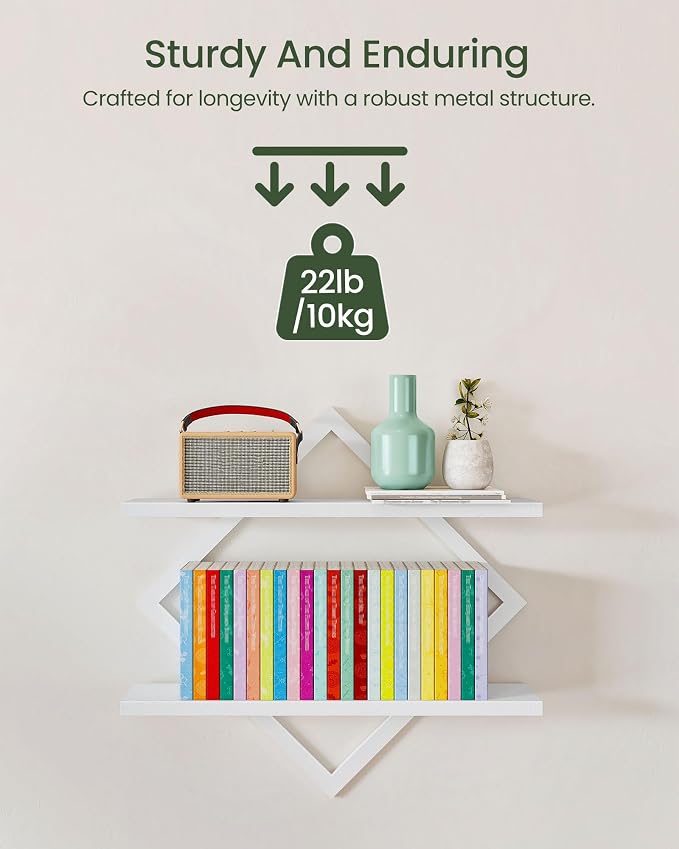 Floating Shelves, Set of 2 Wall Shelves, 2-Tier Hanging Shelves, Wall Shelf Set of 2, for Living Room, Bedroom, Kitchen, Office, Study, White TBJ01P2WB