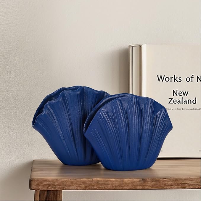 Shell-Shaped Vase for Living Room Decor, Ceramic Vases for Modern Home Decor, Unique Vase for Farmhouse Decor, Aesthetic Room Decor, Nordic Decor, Shelf Decor, Centerpiece Table Decor (Blue)