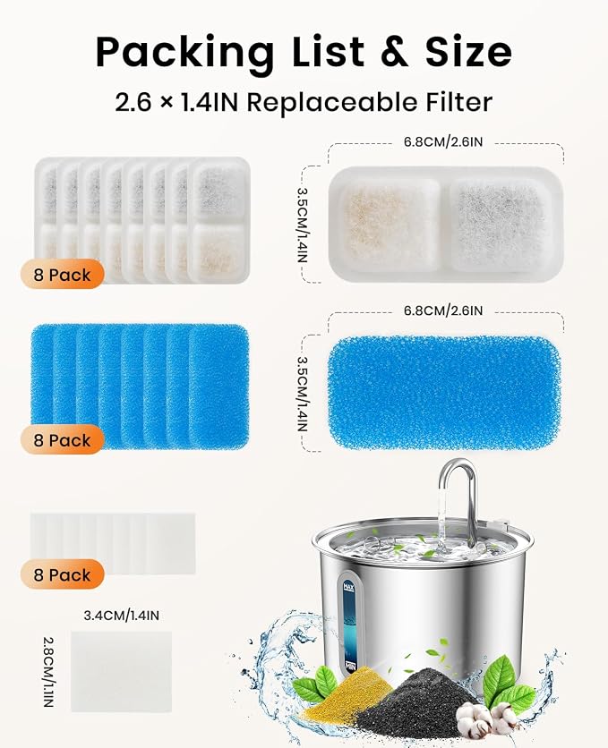 oneisall 8 Pack Replacement Filters for PWF-001 2L/67oz Cat Water Fountain Stainless Steel Water Fountain for Cats Inside, 3 Filtration System