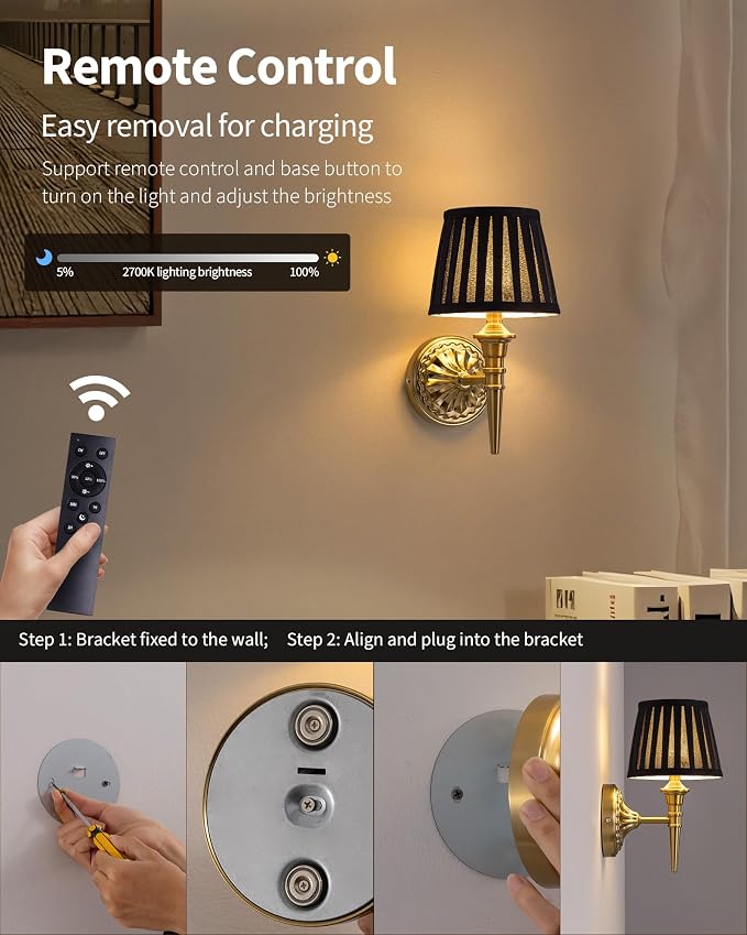 KDG Cordless Gold Wall Sconces Set of 2, Black Fabric Lampshde Wall Lamps | Small LED Wireless Portable Rechargeable Battery Lighting for Wall Painting, Living Room, Bedroom, Hallway, Gifts, Nightlight