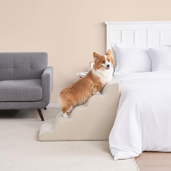 EHEYCIGA Curved Dog Stairs Ramp, 5-Step Extra Wide High Beds, Pet Step | 33D density of pure foam, for Small Dogs and Cats, Pet Stairs for High Bed Climbing, Non-Slip Balanced Indoor, Beige
