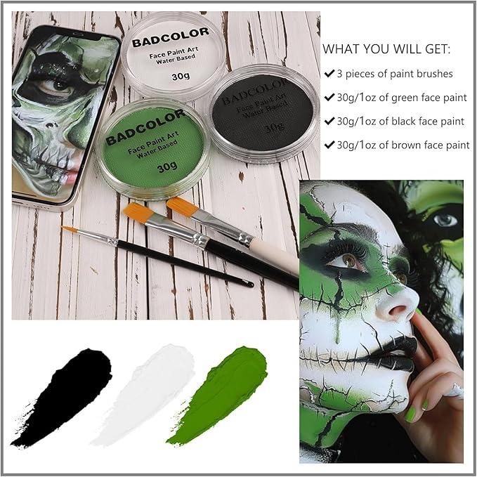 White Black Green Face Body Paint with Painting Brushes Halloween Makeup Set, Water Based Facepaint for Kids Adults Party for Witch Shrek Alien Grinch Hulk Costume Cosplay Special Effects Make Up