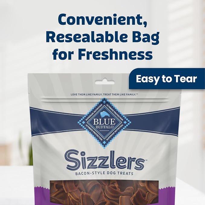 Blue Buffalo Sizzlers Pork Bacon-Style Dog Treats, 28 oz | Real USA Pork First, Soft & Chewy Texture, Tear for Portion Control, No Red 40, BHA, Corn, Wheat, or Soy