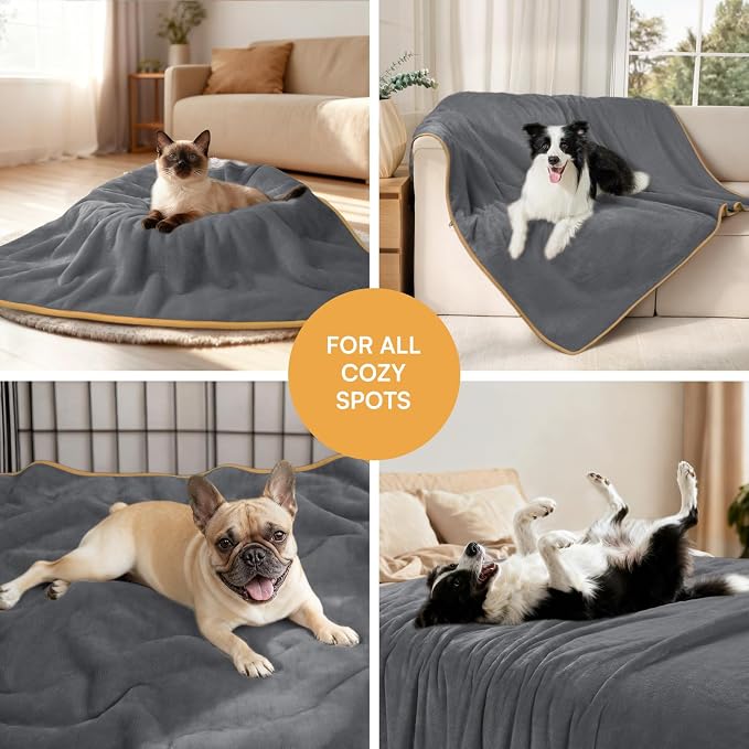 Luciphia Waterproof Blanket for Large Dog, Reversible Sherpa Couch Cover | waterproof pet blanket sherpa fleece reversible couch cover bed protector car from spills scratches, Grey+Beige 85" x 57"