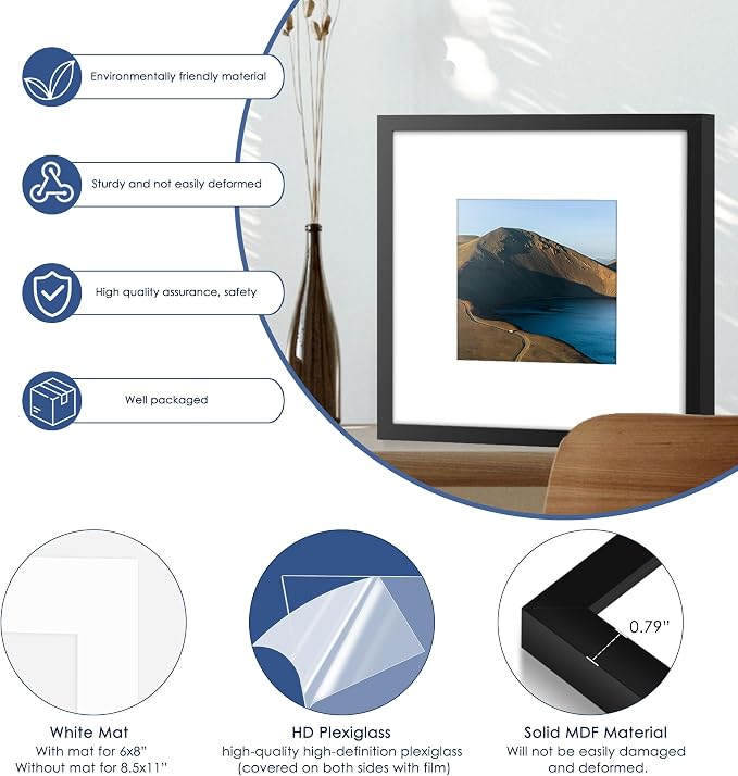 12x12 Picture Frame Set of 6, Wall Mount Display, Black | Display Pictures 8x8 with Mat or 12x12 Without Mat, Horizontal or Vertical, Gallery Wall Frame Set, Wedding Birthday Gifts
