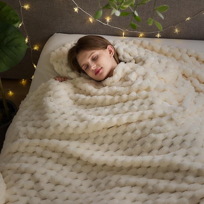 NEWCOSPLAY Fleece Clouds Cozy Queen Blanket for Couch, Ivory, 90"x90" | Premium Silky Flannel Blanket, Soft Lightweight Fluffy Throw Blanket for Bed Sofa Decor, Gift for All Season Use