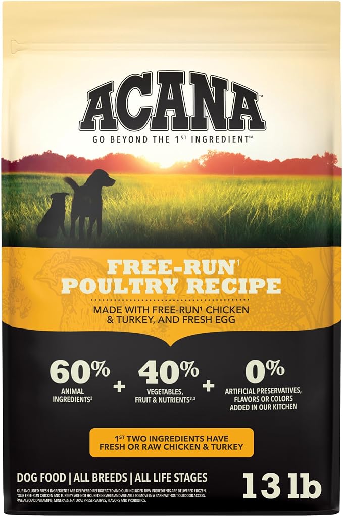 ACANA Grain Free Dry Dog Food Free Run Poultry Recipe 13lb Bag | Grain Free, High Protein, Made in the USA, Includes Probiotics, Omega-3 Fatty Acids, Free-Run Poultry