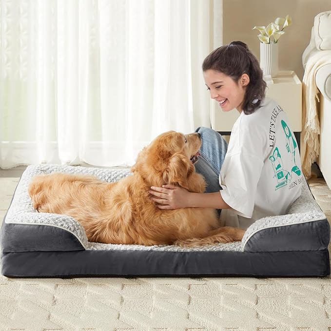 LEXTRO Washable Orthopedic Dog Bed, Waterproof Couch for Large Senior Dogs | Comfy Sleeping Dog Bed with Egg Crate Foam, Dog Sofa with Removable Cover, Waterproof Lining&Non-Slip Bottom, Gray