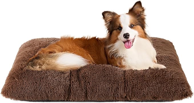 EHEYCIGA Fluffy Dog Crate Bed for Large Dogs, Plush Faux Fur Pad, Coffee | Calming Anti Anxiety Large Dog Crate Bed, Washable Soft Warm Mat with Non-Slip Bottom