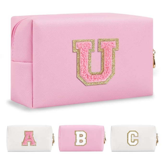 Personalized Initial A-Z Preppy Patch Makeup Bag,Small PU Leather Chenille Letter Cosmetic Bag with Zipper for Teen Girls,Pink Cute Travel Toiletry Bag,Birthday Monogrammed Gift for Daughter,Letter U