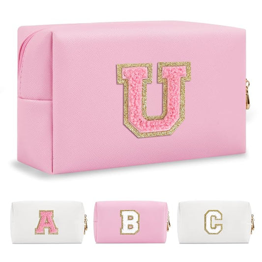 Personalized Initial A-Z Preppy Patch Makeup Bag,Small PU Leather Chenille Letter Cosmetic Bag with Zipper for Teen Girls,Pink Cute Travel Toiletry Bag,Birthday Monogrammed Gift for Daughter,Letter U