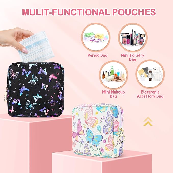 Likesing Period Bag Pouch, Canvas Sanitary Napkin Storage Bag for Girls Womens, Portable Sanitary Napkin Period Pad Pouch Bag for Purse, Small Make Up Bags(Purple Butterfly)