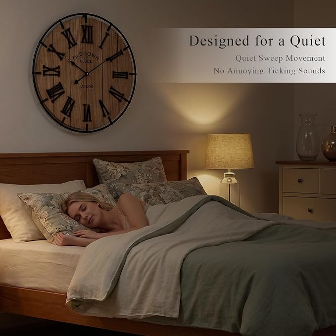 EMAX HOME 24 Inch Large Farmhouse Wall Clock, Natural Wood Grain Face with Black Metal Frame, Silent Non-Ticking Quartz Movement, Vintage Wall Decor for Living Room, Bedroom, Dining Room