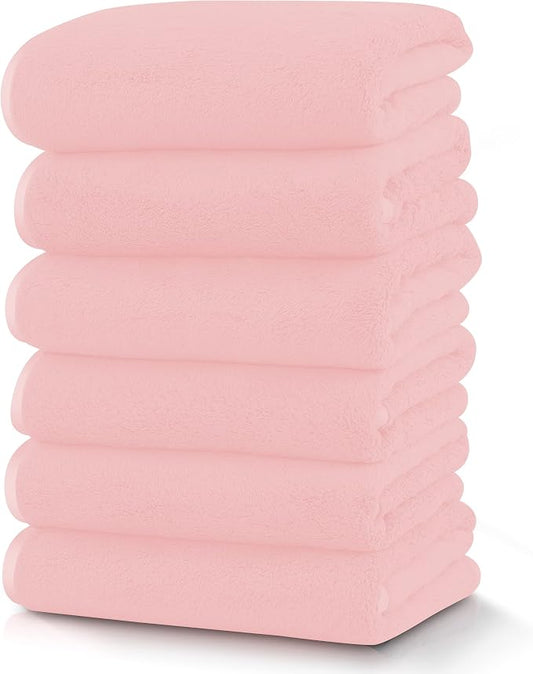 TENSTARS Silk Hemming Hand Towels for Bathroom - Quick Drying - Ultra Soft Microfiber Absorbent Towel for Bath Fitness, Gym, Shower, Hotel, and Spa - 16x28 Inch | Set of 6, Pink