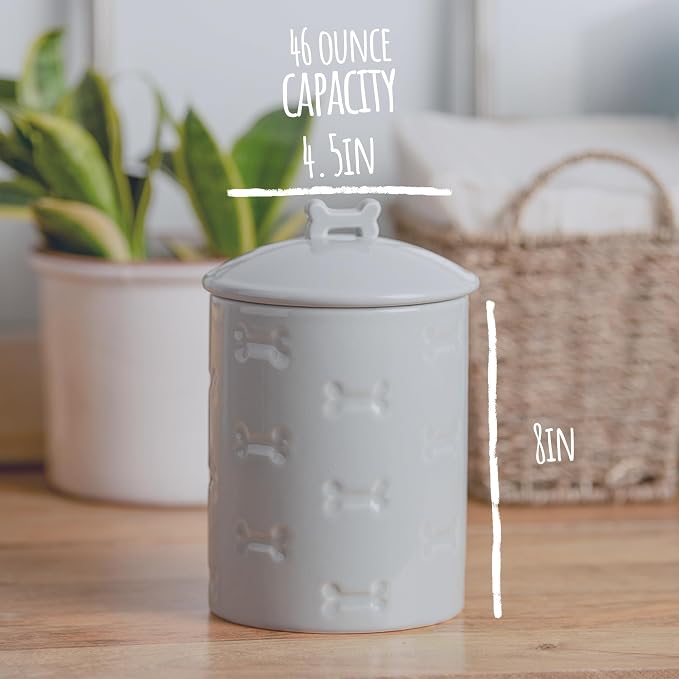 Park Life Designs - Ceramic Pet Treat Jar with Airtight Lid for Dogs, Cats, Puppies and More, Chic Kitchen Countertop Container for Cookies, Biscuits and Treats (Manor, Grey, 1.4 Qt)