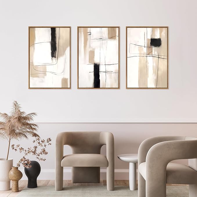 FWIEXA Modern Abstract Canvas Wall Art Set of 3, Framed Neutral Wall Decor, Large Black White Wall Painting, Beige Cream 16x24 Inch Prints Artworks for Living Room, Bedroom, Dining Room, Office
