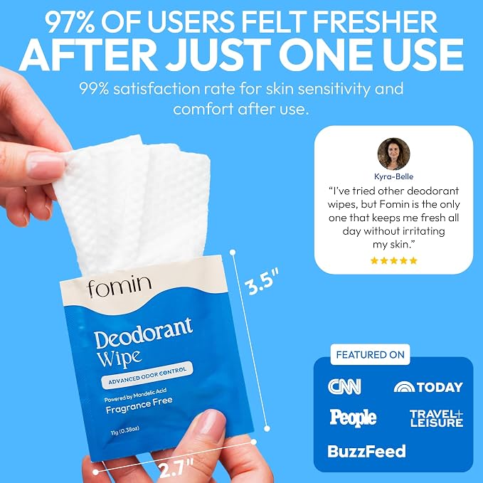 FOMIN Acidified Travel Deodorant Wipes For Women & Men - 15 Count - Fragrance Free - pH Balanced, Mini Deodorant Travel Size - Plastic-Free, Individually Wrapped Underarm Body Wipes