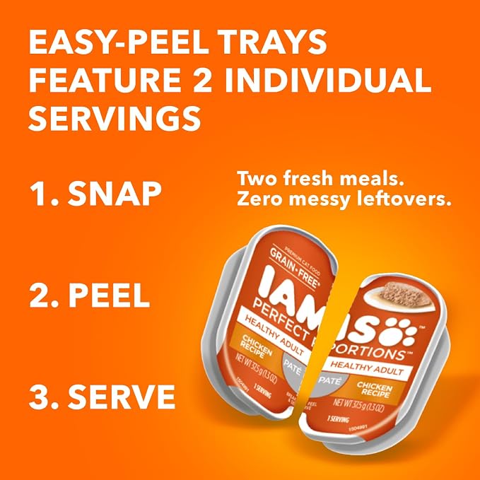 IAMS Perfect Portions Healthy Adult Wet Cat Food, Pate Variety, 24 Count | Grain-free, Chicken & Salmon recipes, Omega 6 & 3 for skin & coat, supports digestion, 2.6 oz. twin-pack trays