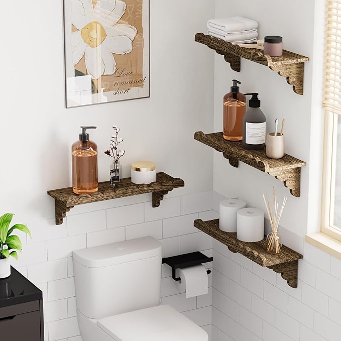 Scalloped Wood Wall Shelf – 17 Inch Floating Shelf with Wood Brackets, Easy to Install Rustic Wall Shelf for Living Room, Bedroom, Bathroom, or Any Space
