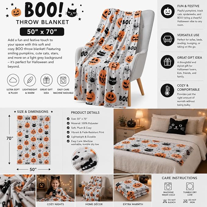 Halloween Fleece Throw Blanket, BOO, Cute Cats & Pumpkins, on Gray, 50x70 | Ultra-soft cozy flannel fleece, for sofa bed couch chair & dorms, spooky Halloween décor, durable and machine washable.