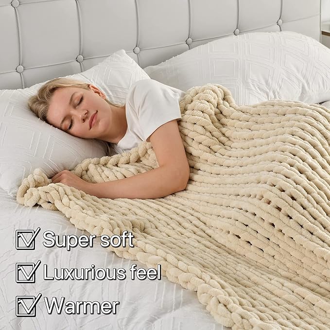 Maetoow Tighter Version Chenille Chunky Knit Blanket Throw,50×60,Beige