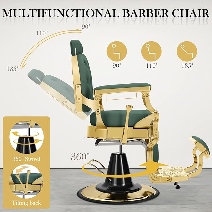 Barber Chair for Barbershop, Heavy Duty Recline Hair Salon Styling Chair with Removable Headrest, Professional Salon Beauty Spa Shampoo Equipment, Green Gold