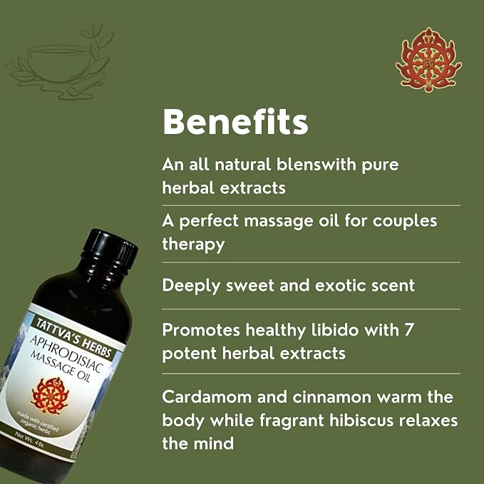 Tattva's Herbs Aphrodisiac Massage Oil for Women, Men & Couples - Contains Ashwagandha, Agarwood, Cinnamon - 4 oz. 25 Years of Premium Service