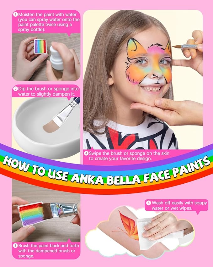 Anka Bella Professional Face Painting Kit,12X10gm Water Based Cake Face Paint with Stencil & Brushes,Hypoallergenic Safe & Non-Toxic,Gift for Birthday Parties/Halloween/Christmas