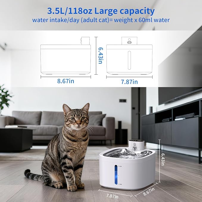 Cat Water Fountain Wireless: 118oz/3.5L Battery Operated Pet Water Fountain for Cats Indoor with Motion Sensor, Quiet Automatic Fountain with Stainless Steel Tray(8Filters)
